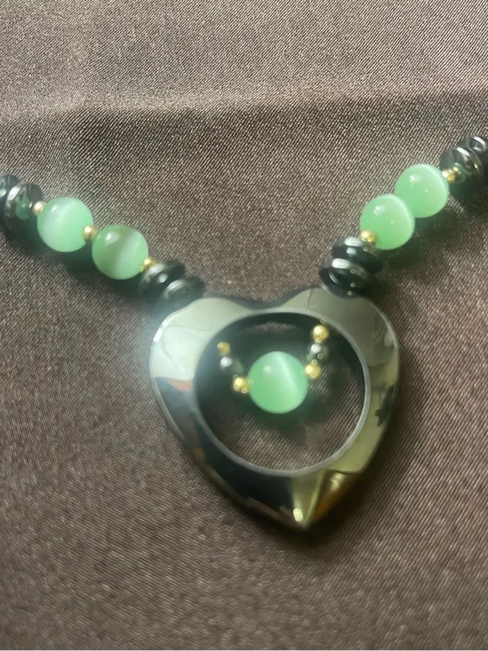 Heart Pendant Necklace - Hematite and Cat Eye Beads